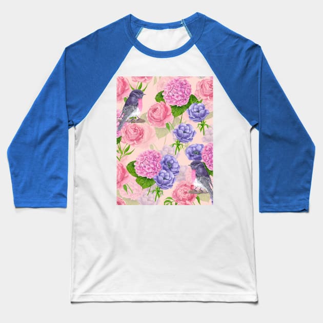 Robin and flowers, watercolor pattern Baseball T-Shirt by katerinamk